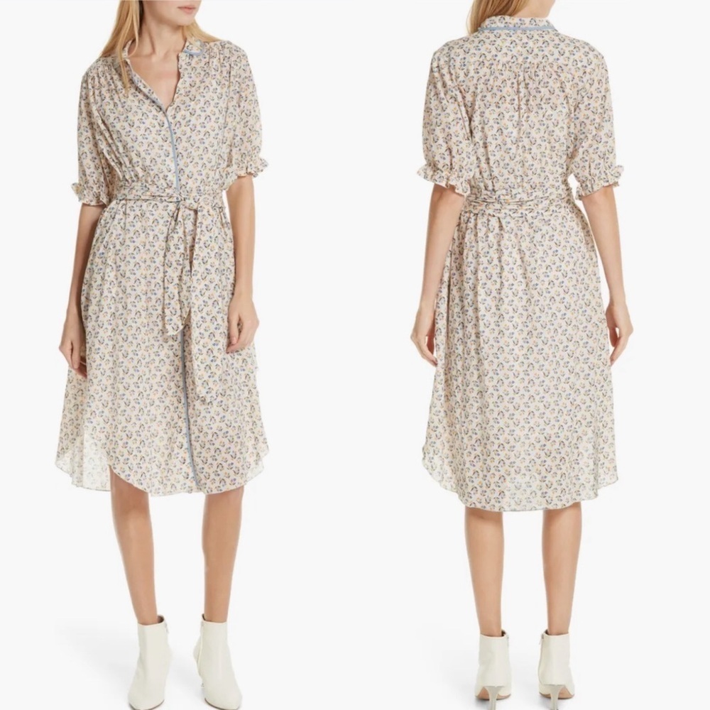 THE GREAT. Cream Floral Midi Shirt Dress with Blue Accents